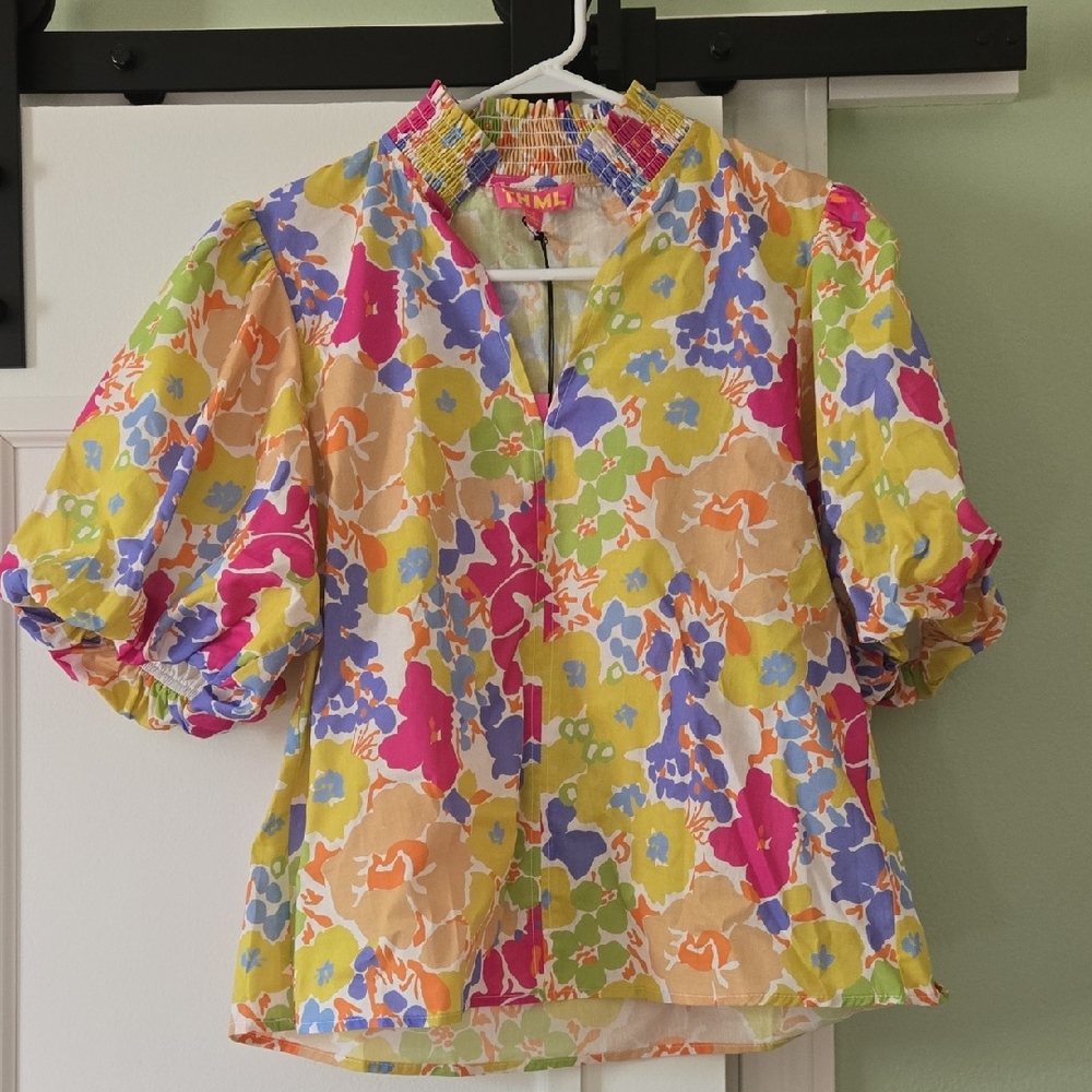 Yellow and Pink Graphic Blouse with Mandarin Collar